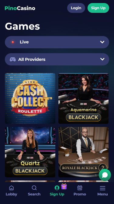 Pino Casino Mobile Live Dealer