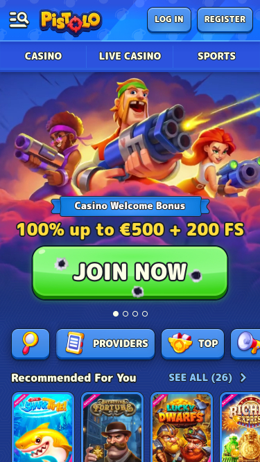 Página de inicio móvil de Pistolo Casino