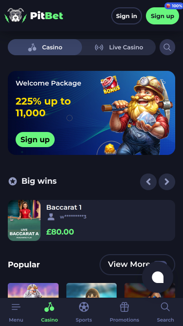 Página de inicio móvil de PitBet Casino