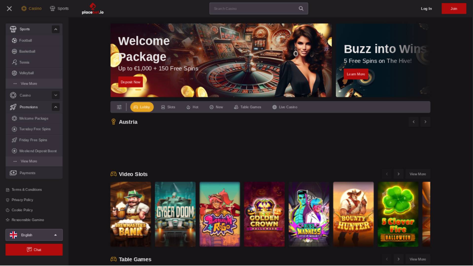 Capture d'écran de la page d'accueil du casino Placebet