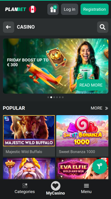 PlanBet Casino Mobile Homepage