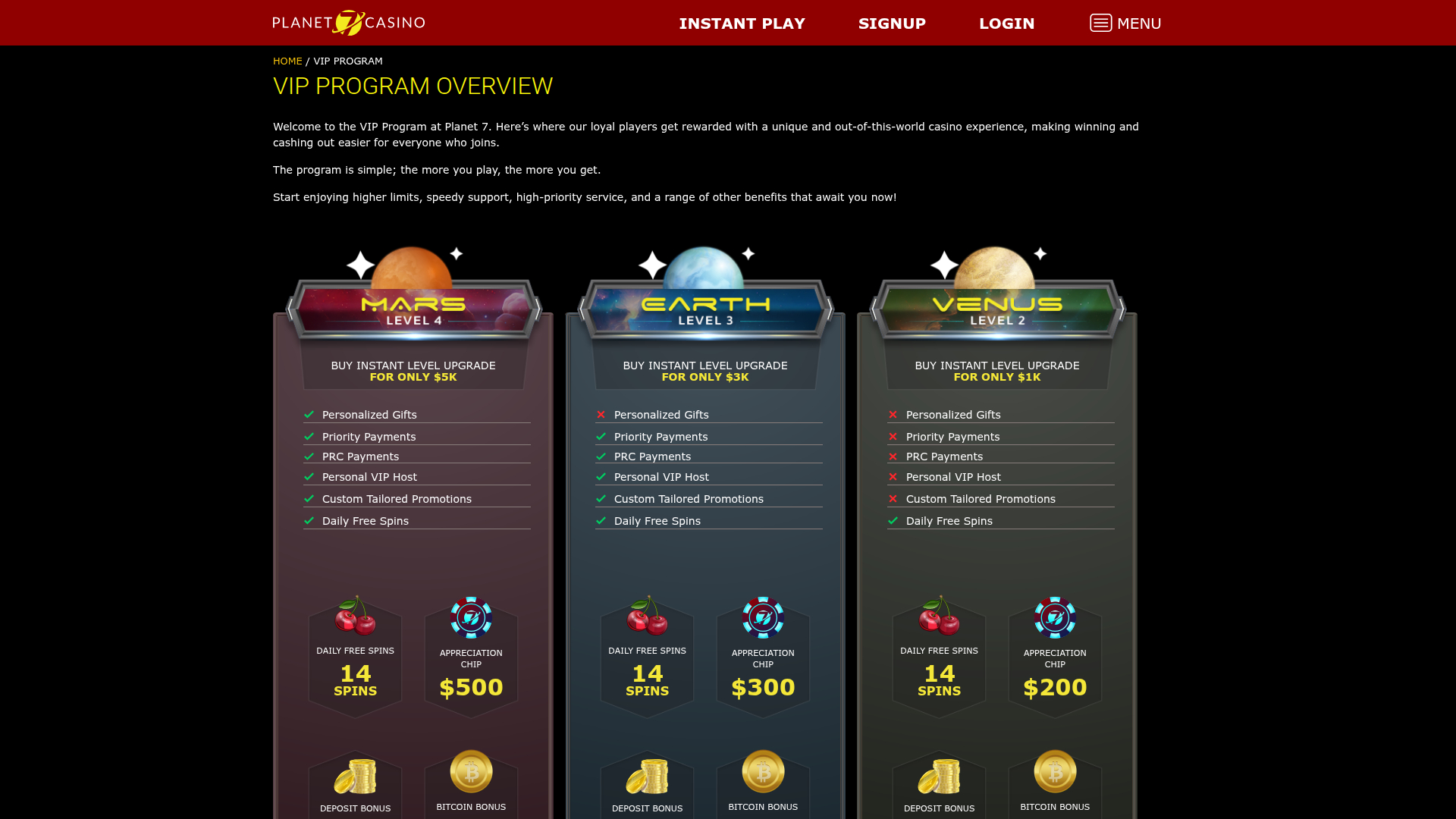 Programme VIP pour ordinateur de bureau du casino Planet 7