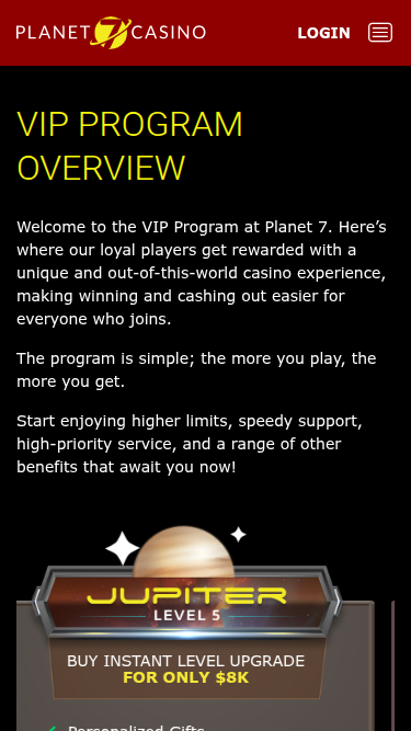 Programme VIP mobile du casino Planet 7