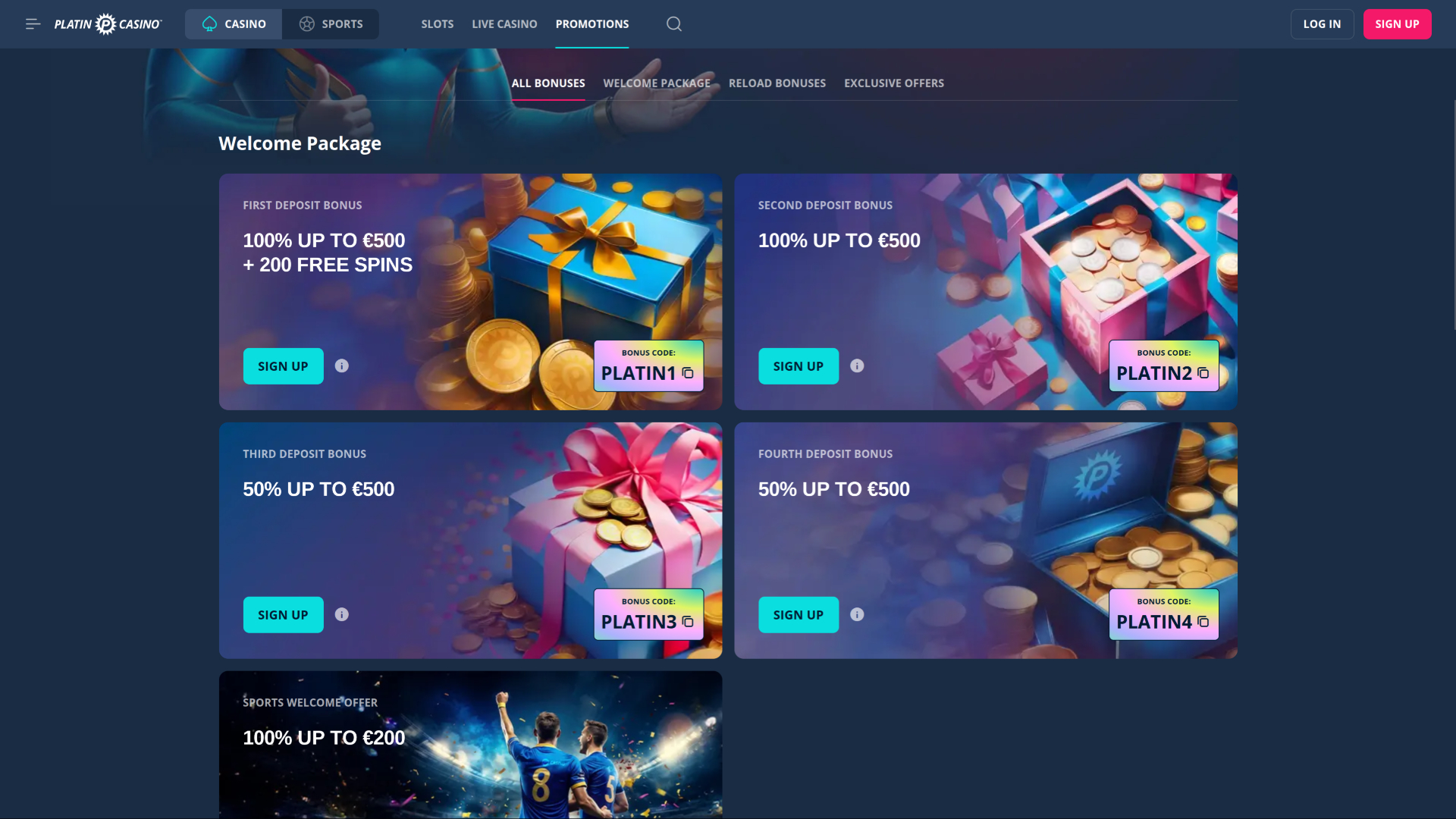 Promotions sur ordinateur de bureau du casino Platin