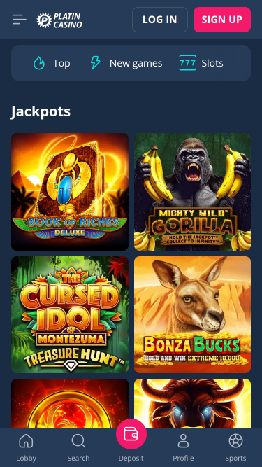 Jackpot mobile du casino Platin