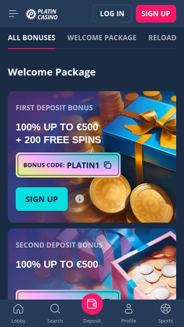 Promotions mobiles de Platin Casino