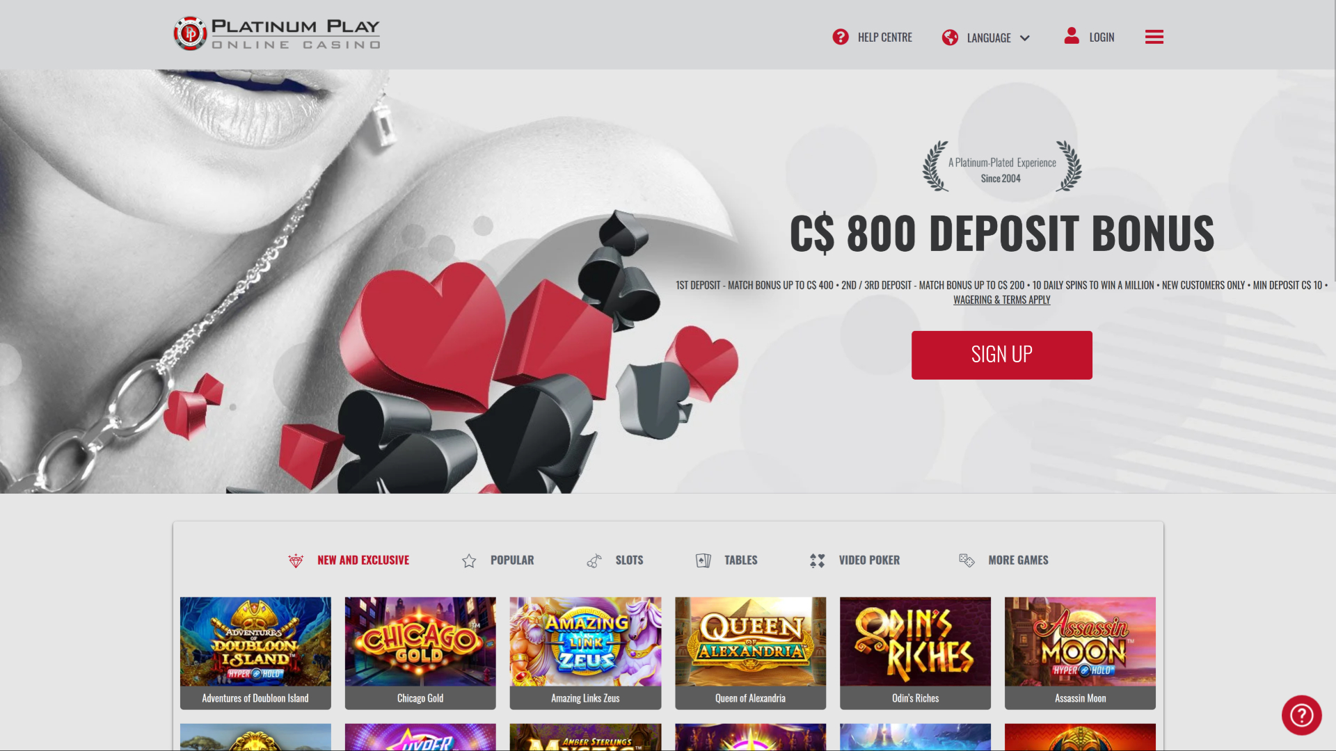 Page d'accueil de Platinum Play Casino sur ordinateur