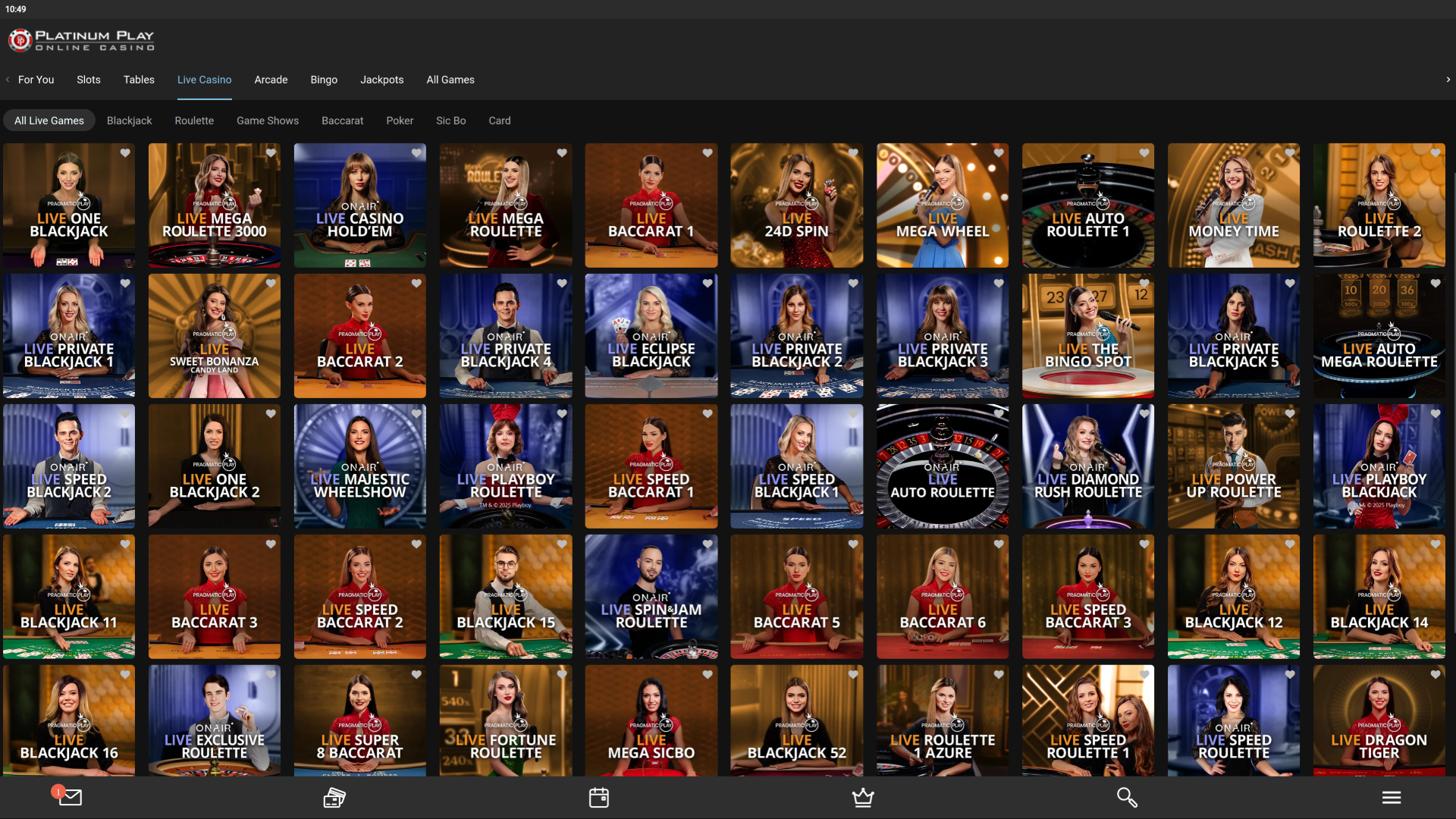 Casino Platinum Play pour ordinateur avec croupier en direct