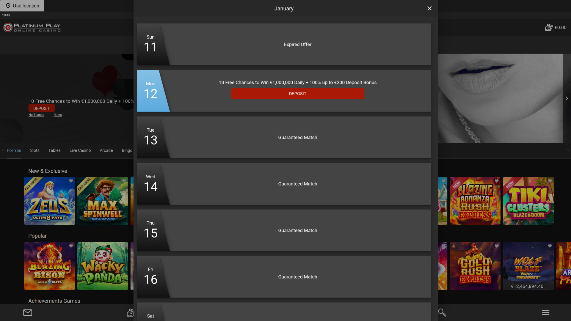 Promotions pour ordinateur de bureau du casino Platinum Play
