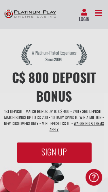 Page d'accueil mobile de Platinum Play Casino