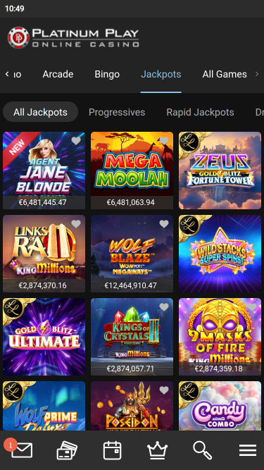 Jackpot mobile du casino Platinum Play