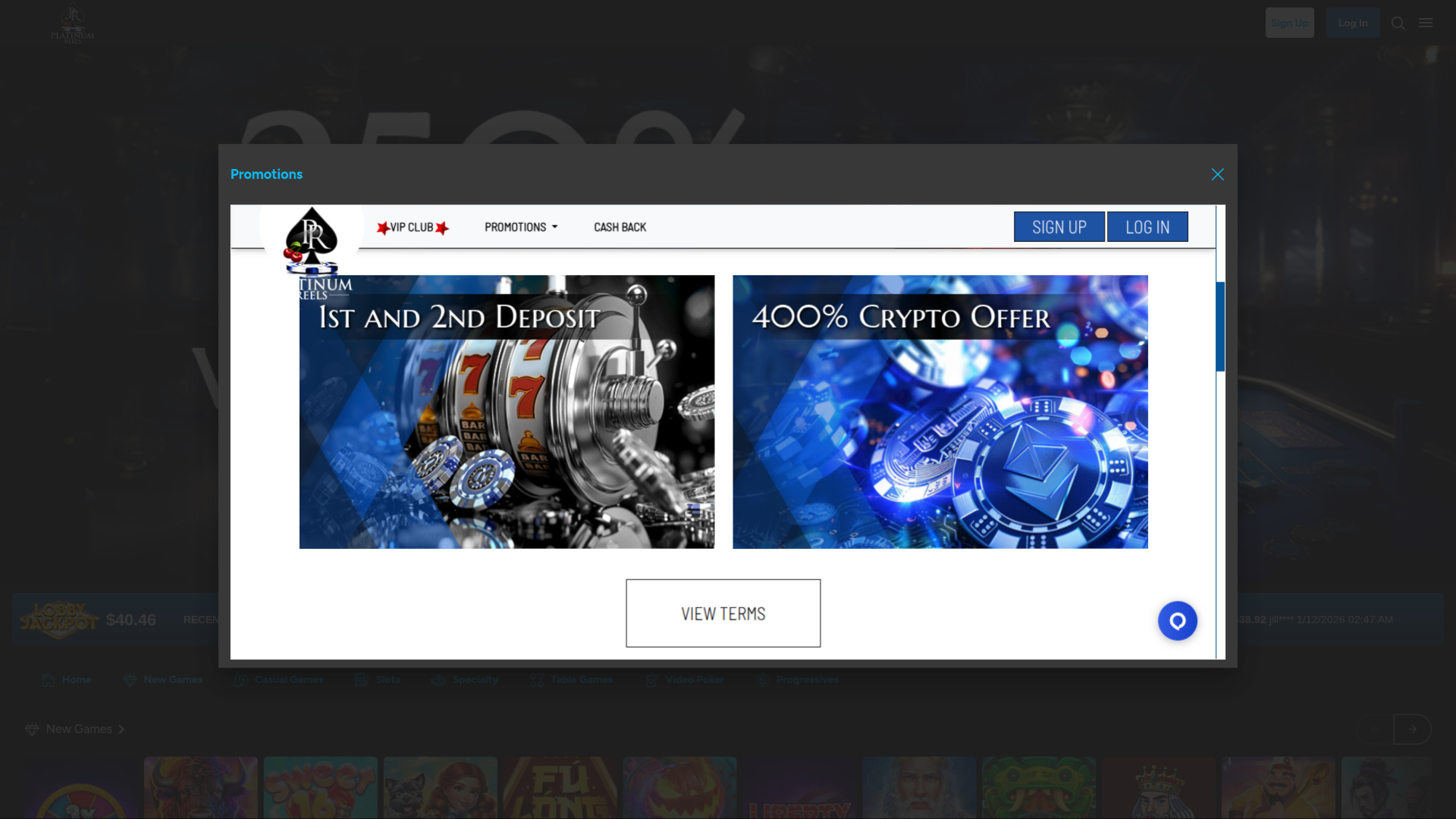 Promotions sur ordinateur de bureau au casino Platinum Reels