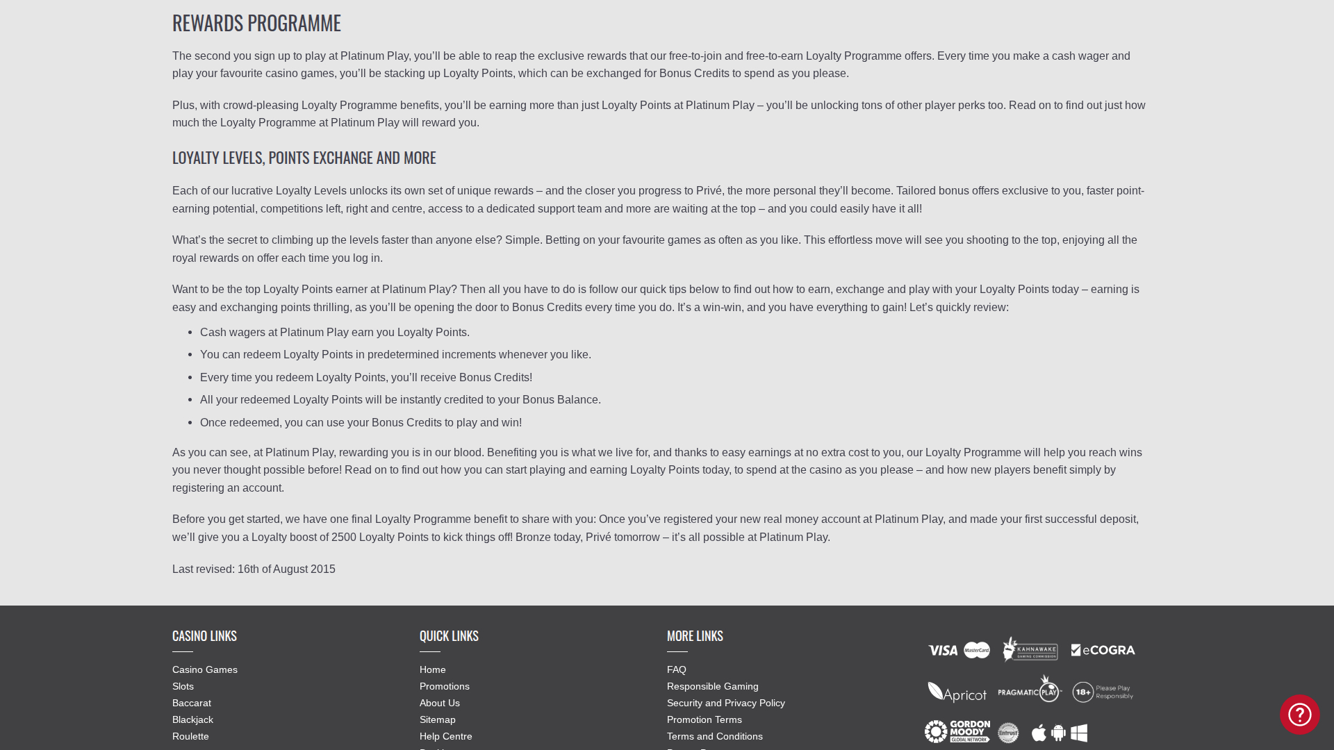 Programme VIP Platinum Play Casino sur ordinateur