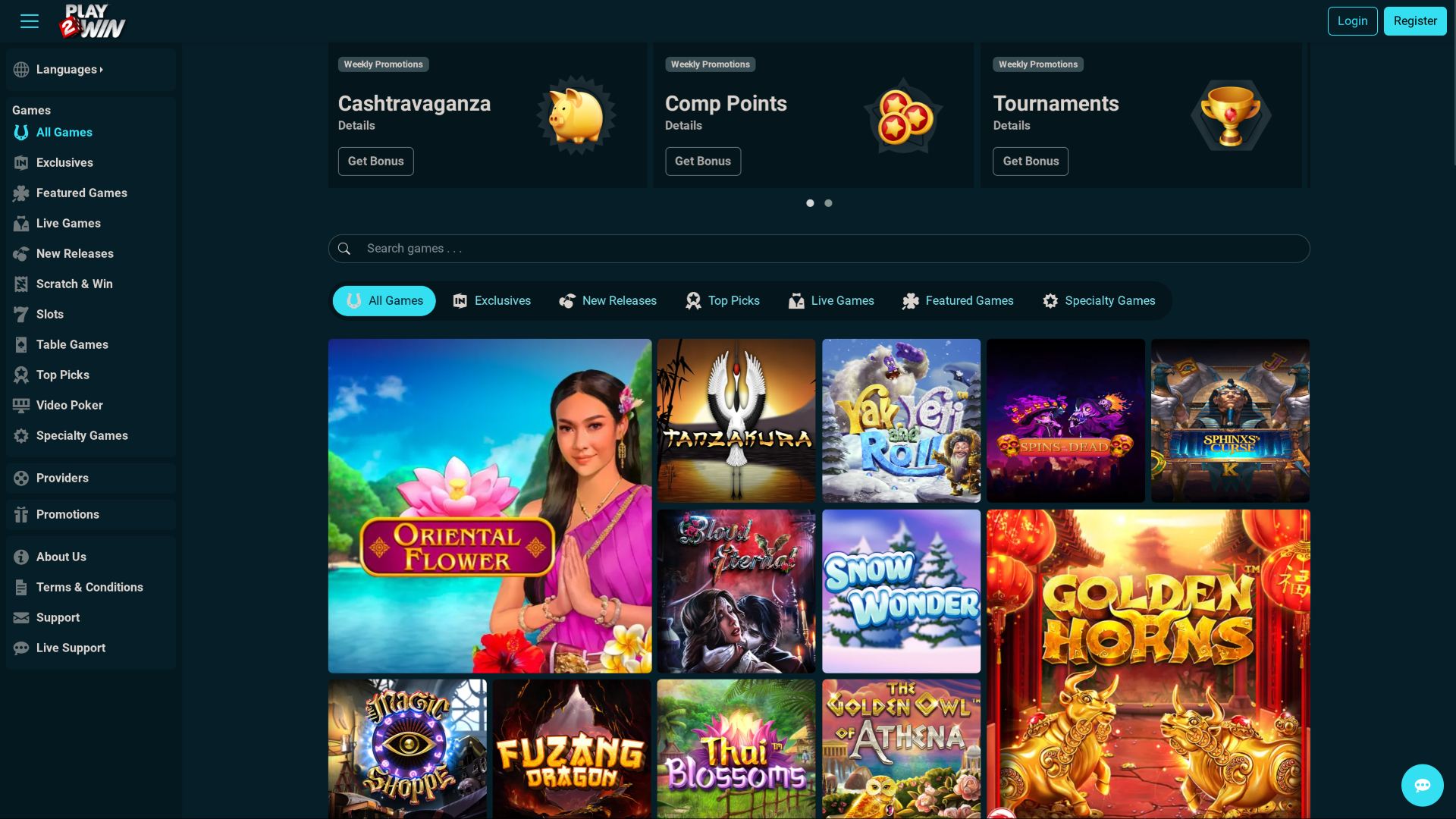 Pagina iniziale desktop del casinò Play2Win