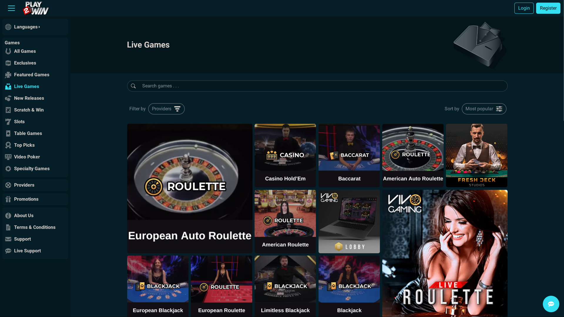 Croupier dal vivo desktop del casinò Play2Win