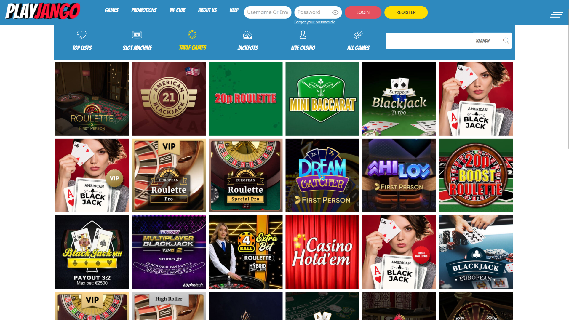 Juegos de mesa de escritorio del casino Play Jango