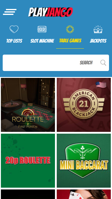 Juegos de mesa móviles del casino Play Jango