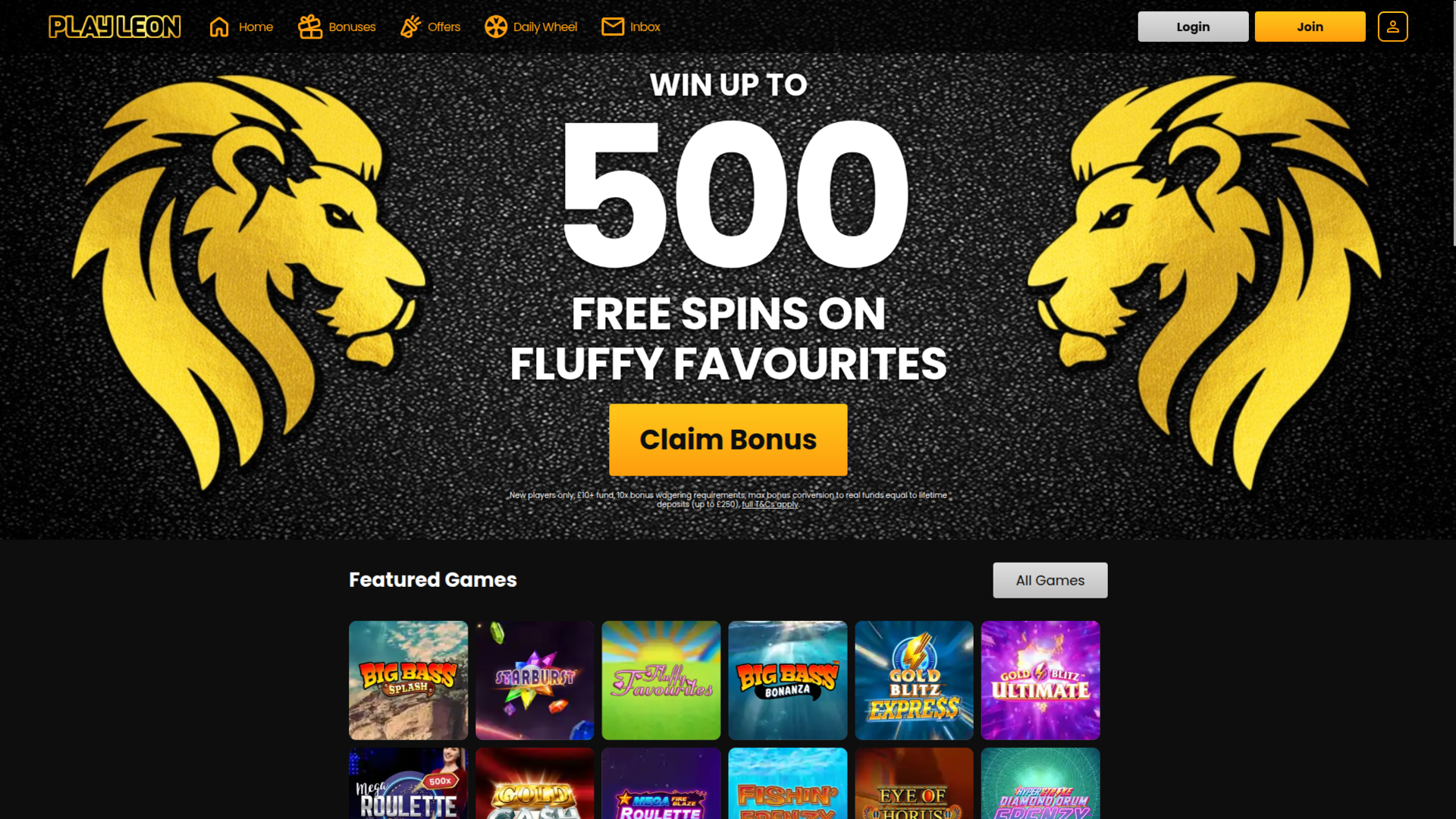 Page d’accueil du casino Play Leon sur ordinateur