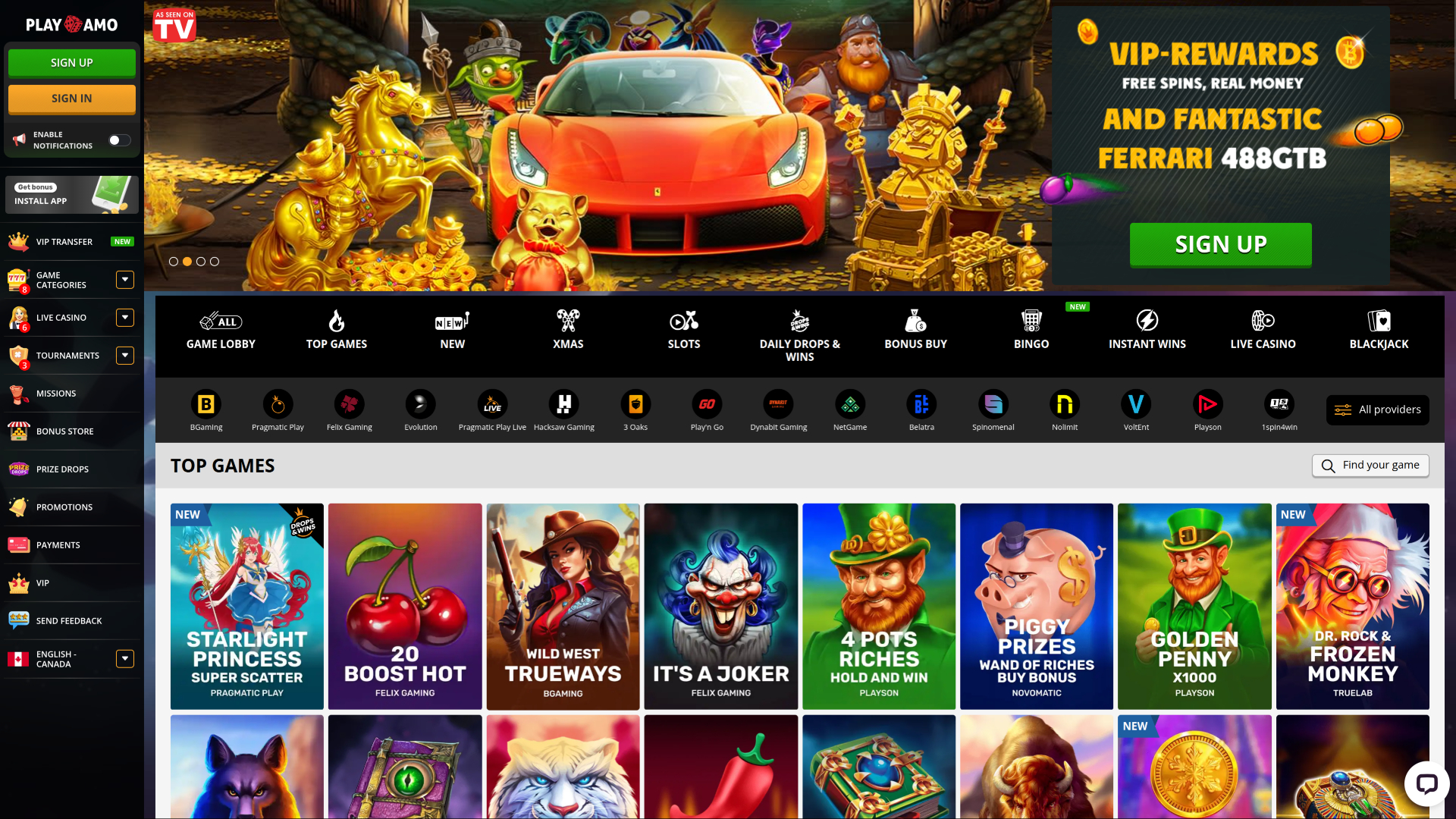 Playamo Casino Desktop Homepage