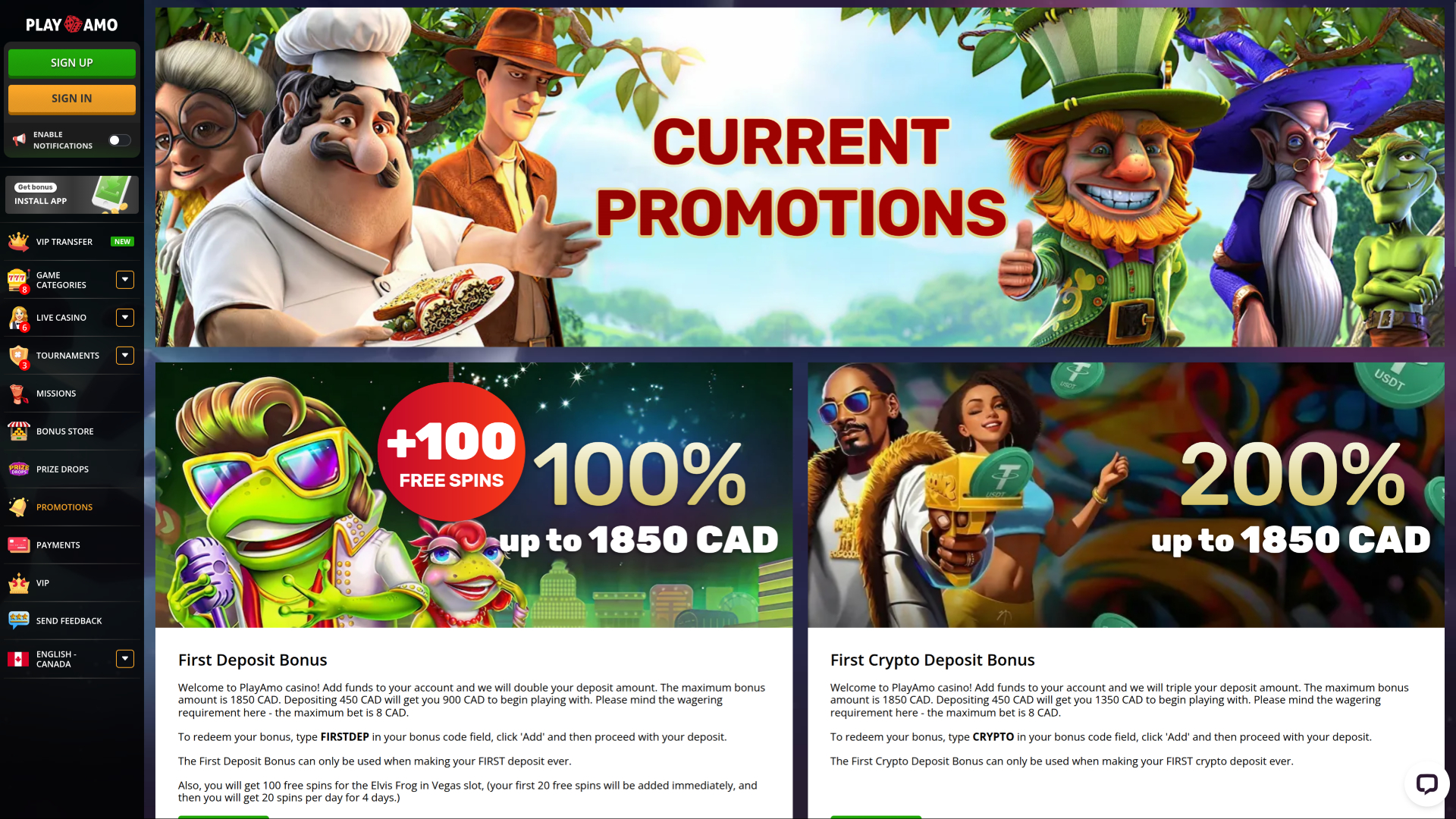 Playamo Casino Desktop Promotions