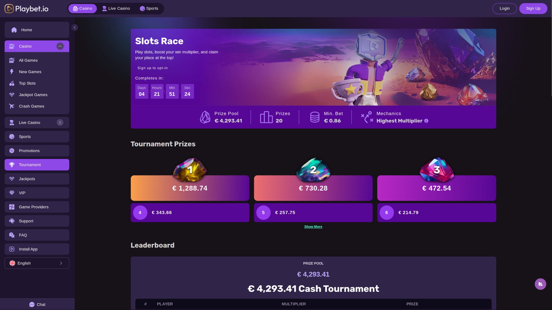 Playbet.io Casino Desktop Tournaments