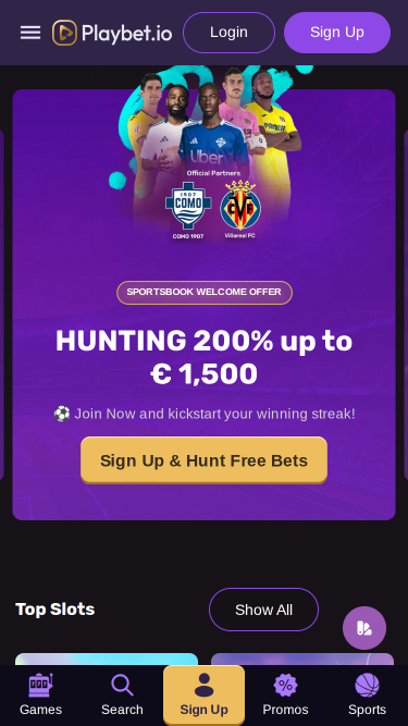Playbet.io Casino Mobile Homepage