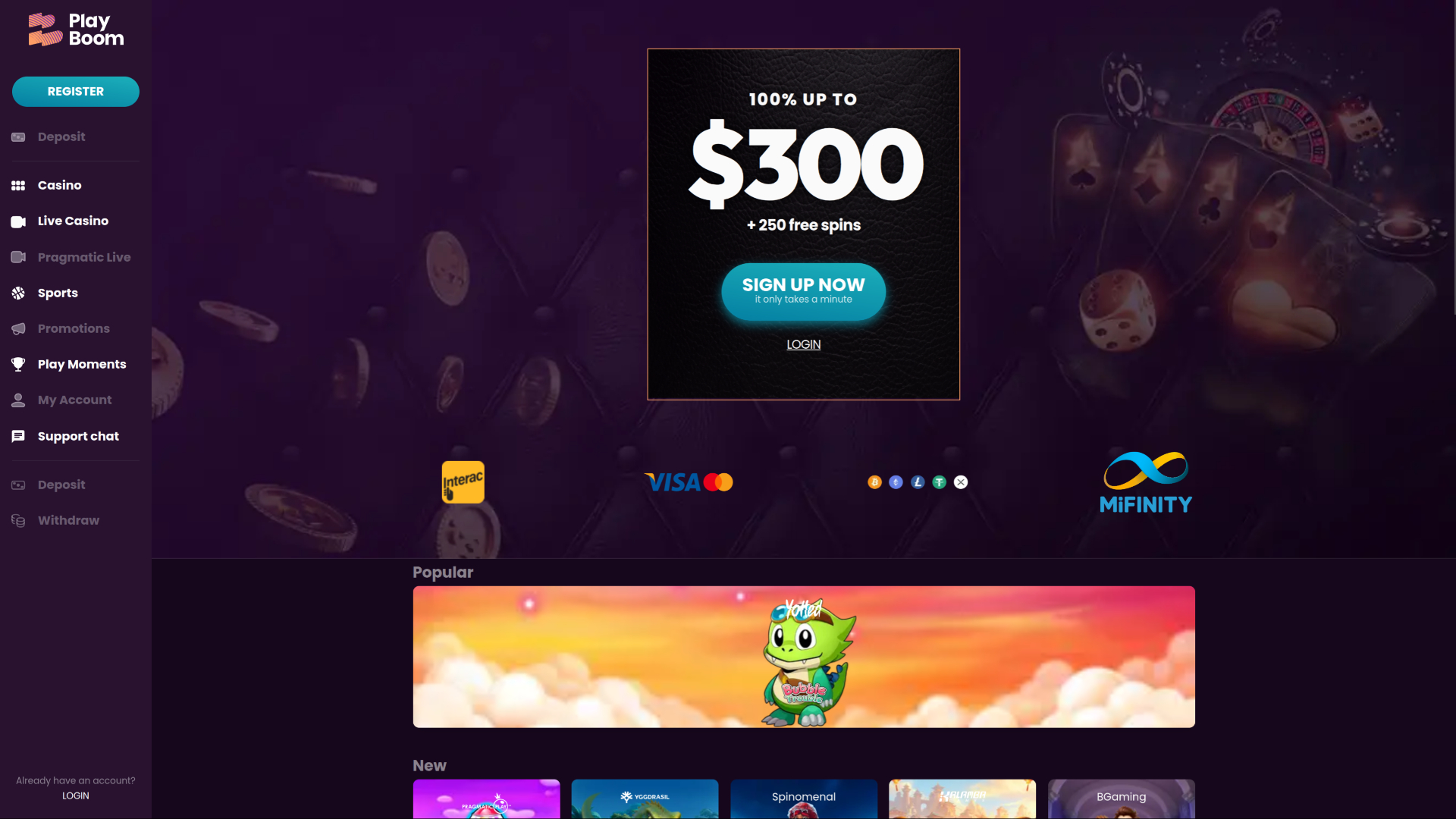 Page d'accueil de Playboom Casino pour ordinateur