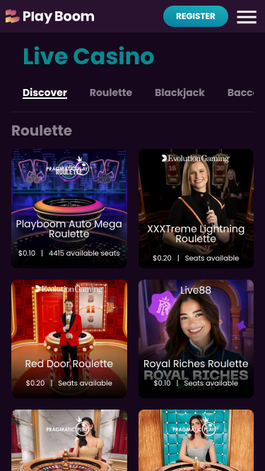 Casino mobile Playboom avec croupier en direct