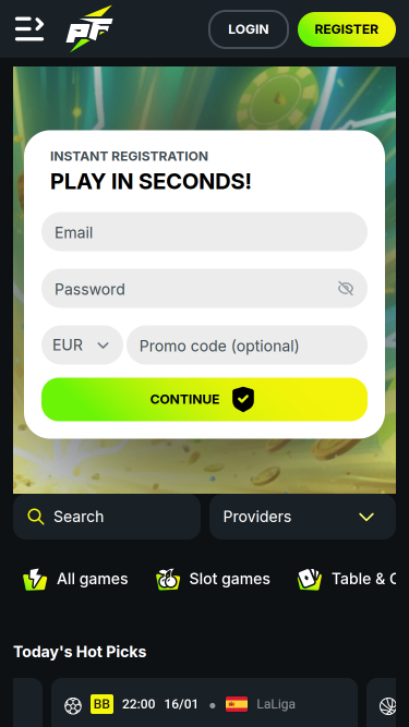Page d'accueil mobile de PlayFast Casino