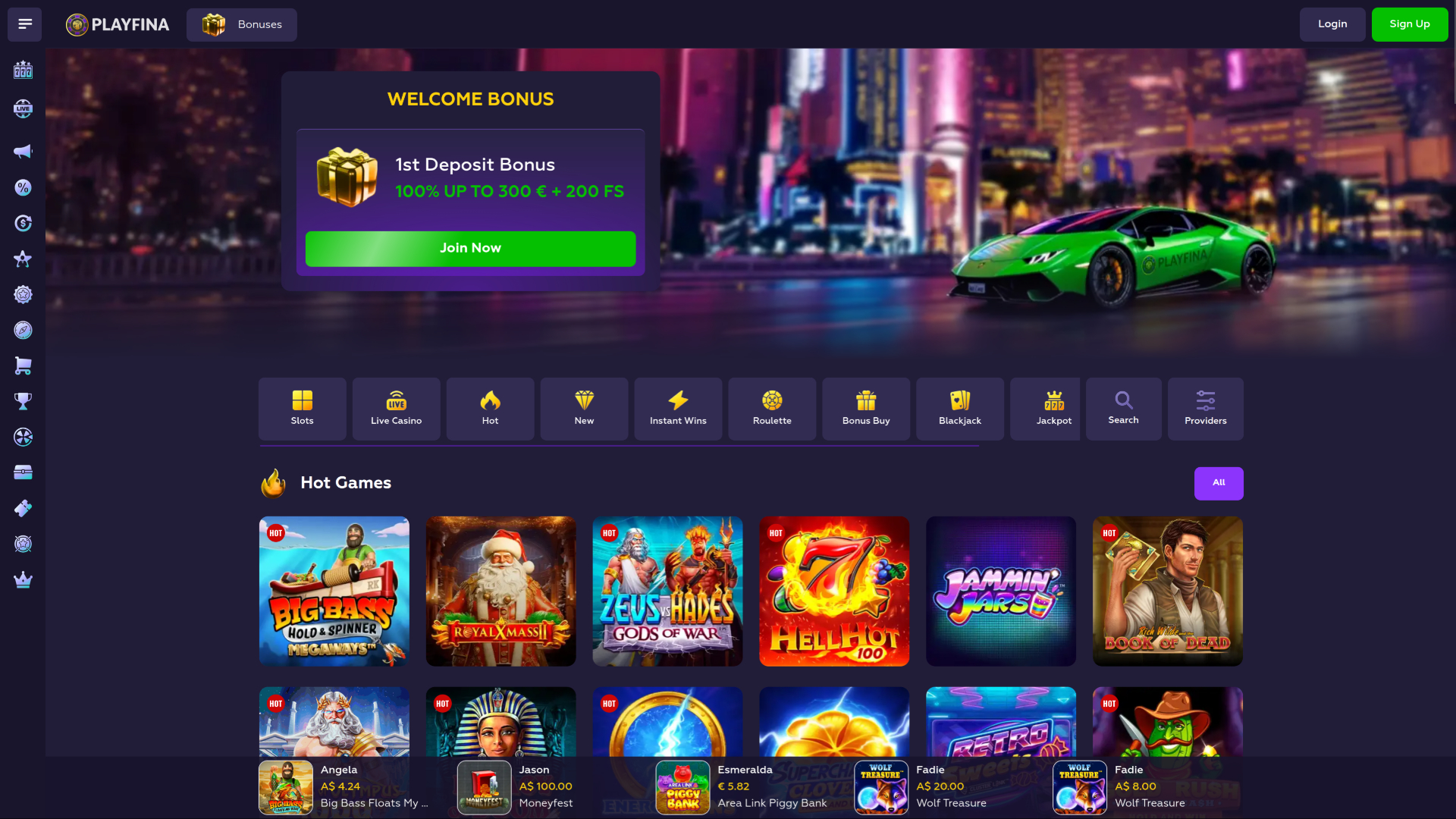 Page d'accueil du casino Playfina pour ordinateur