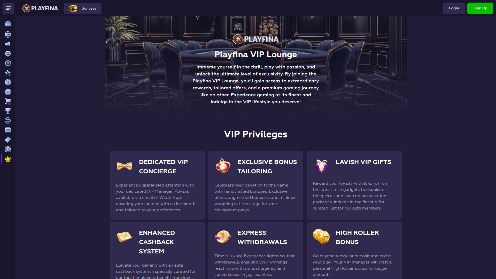 Programme VIP pour ordinateur de bureau du casino Playfina
