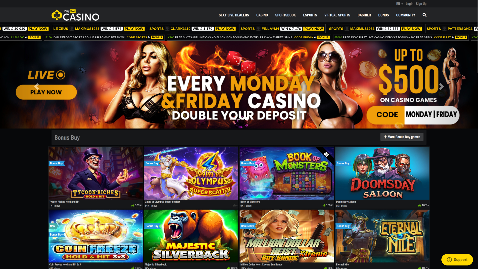 Page d'accueil du casino Playhub pour ordinateur