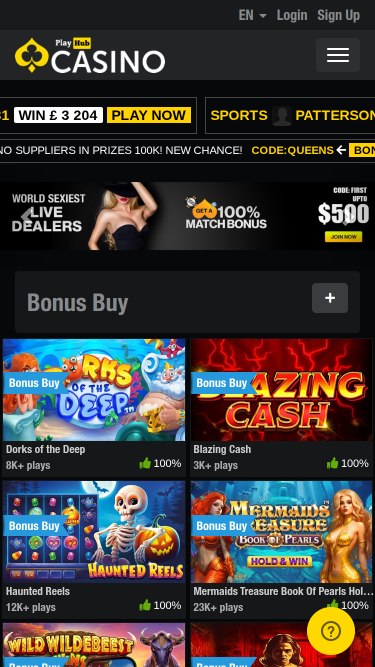 Page d'accueil mobile de Playhub Casino