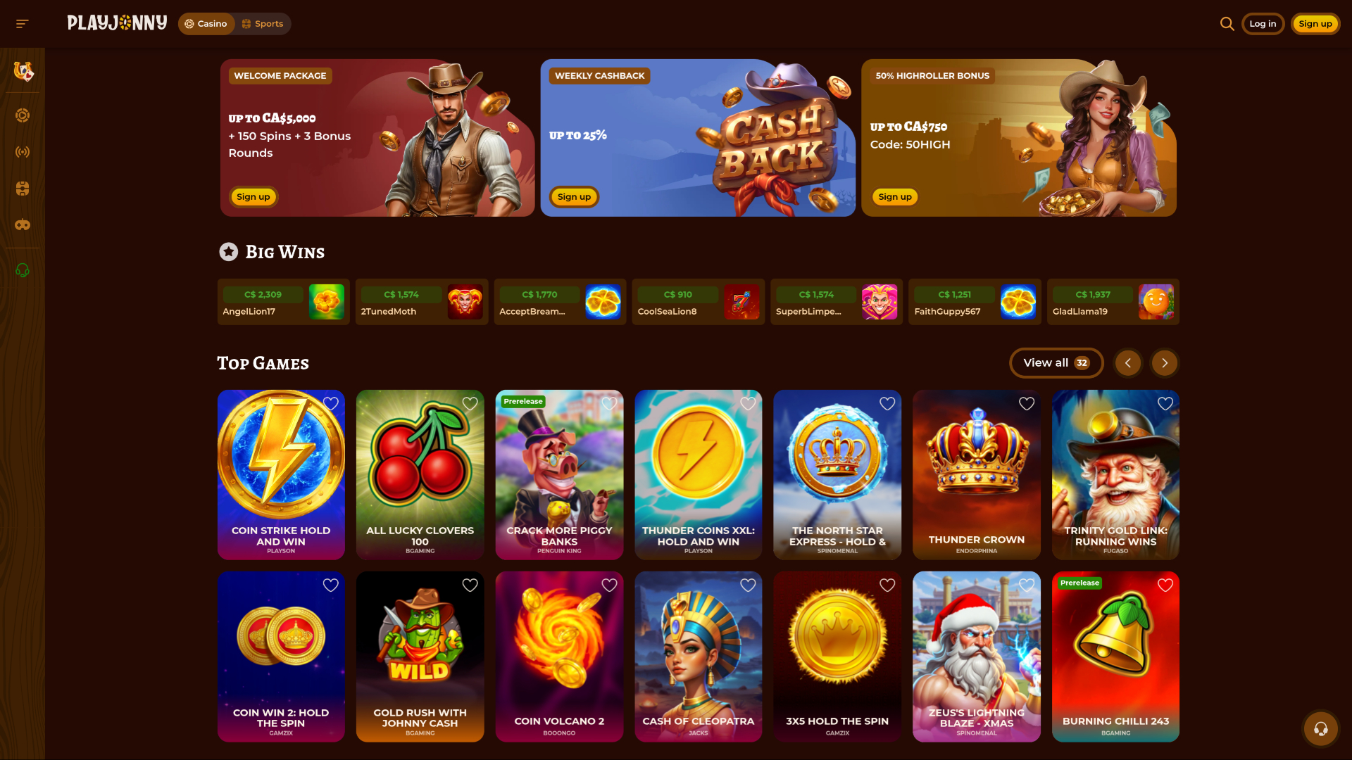 Página de inicio de PlayJonny Casino para escritorio