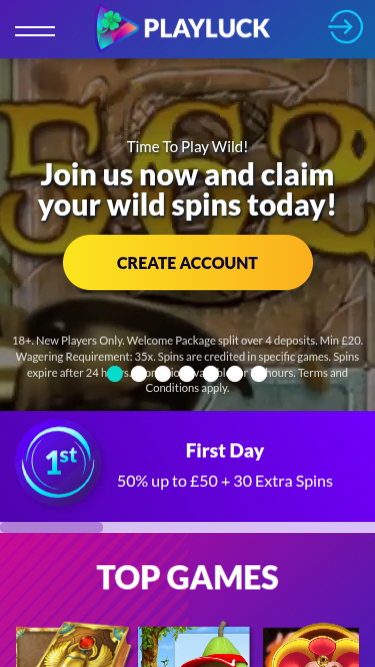 Página de inicio móvil de Playluck Casino