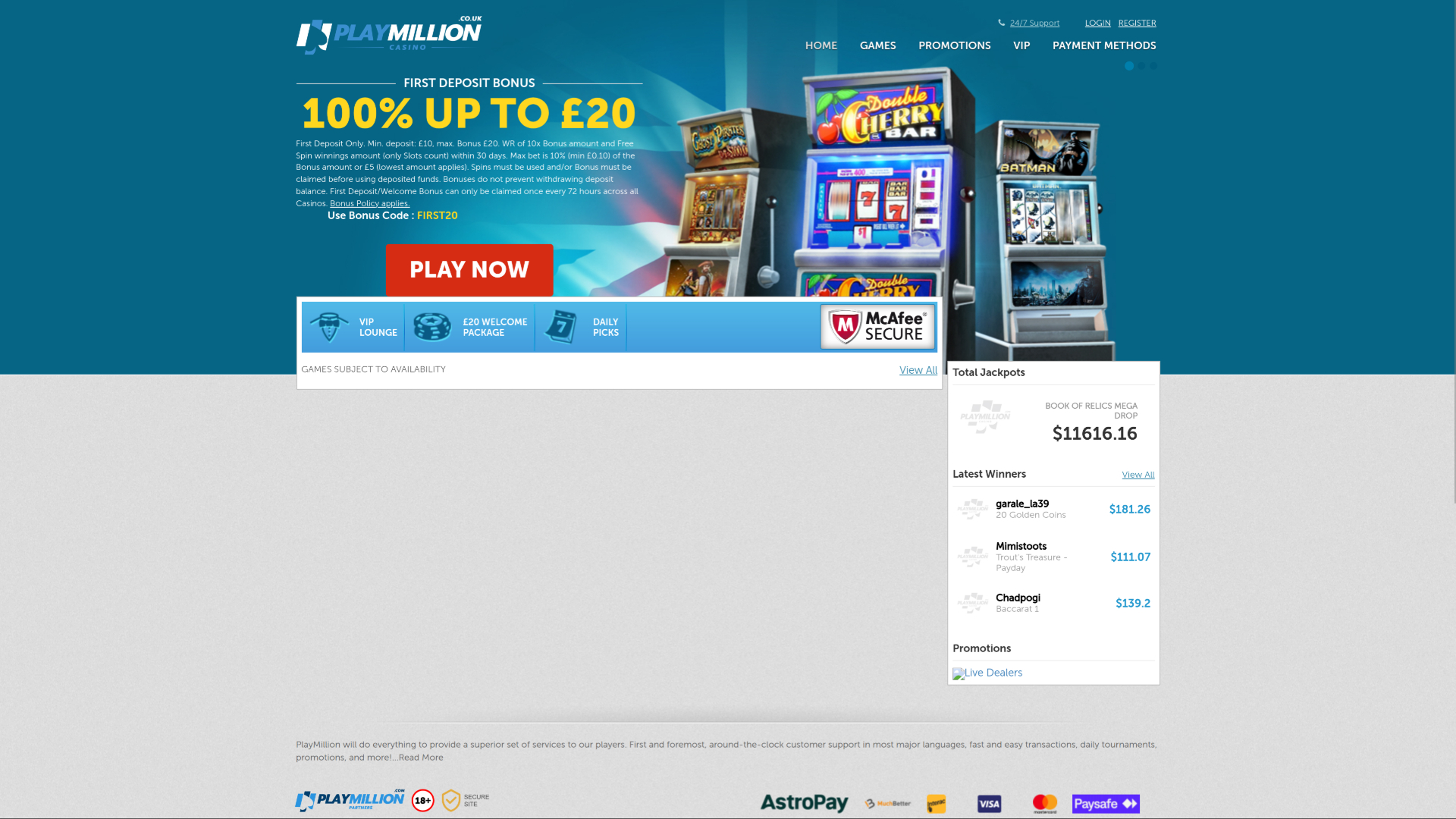 PlayMillion Casino Desktop-Homepage