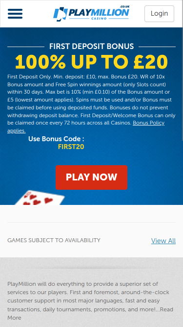 PlayMillion Casino Mobile-Homepage