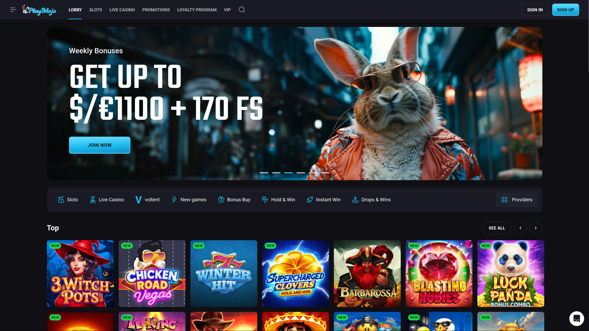 Page d'accueil du casino PlayMojo pour ordinateur