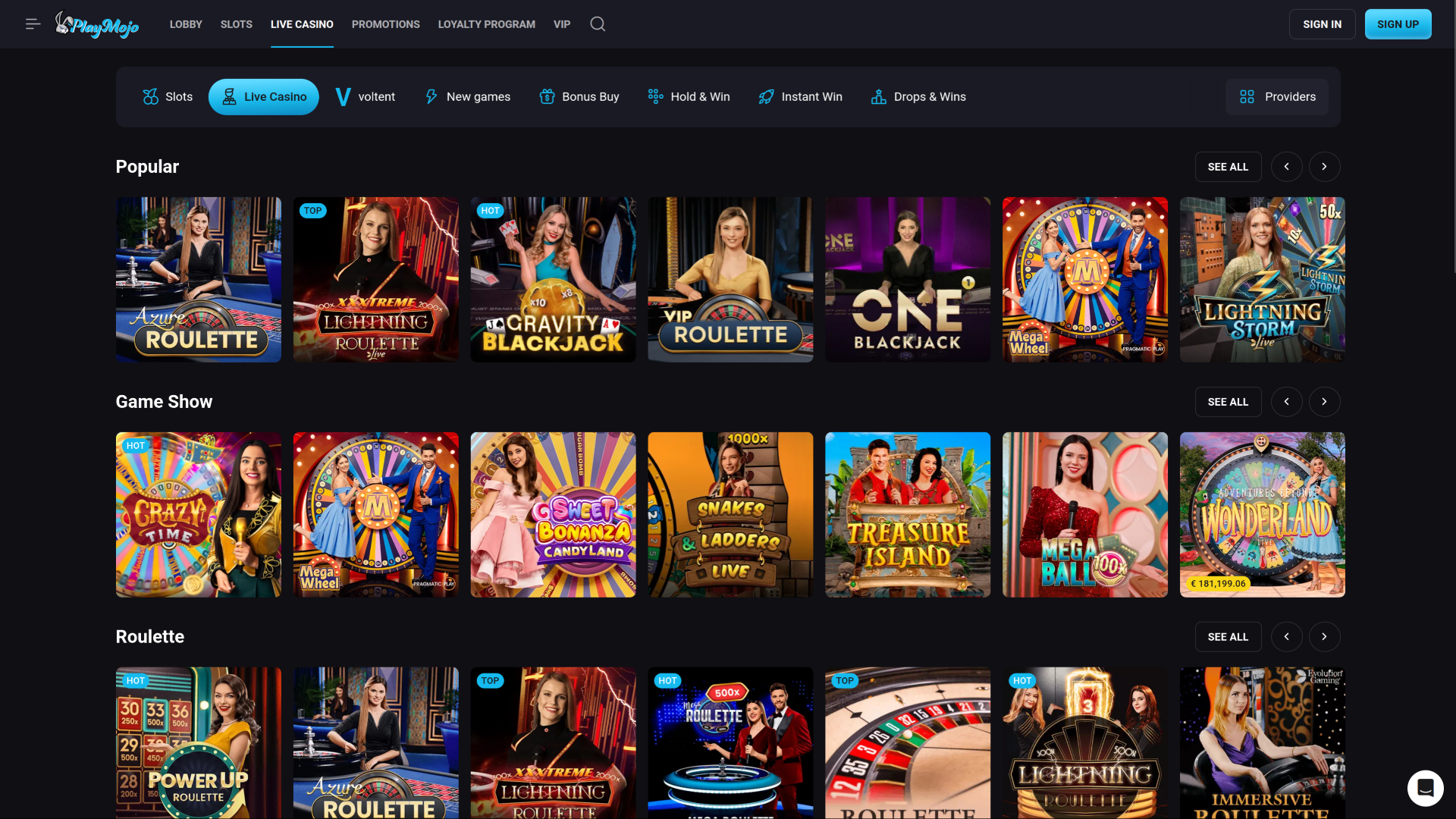Casino PlayMojo pour ordinateur avec croupier en direct