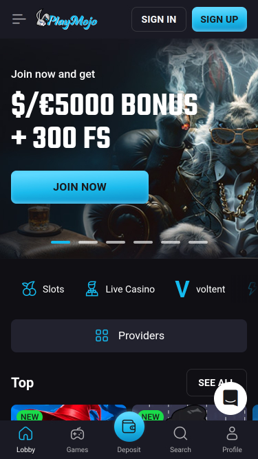 Page d'accueil mobile du casino PlayMojo