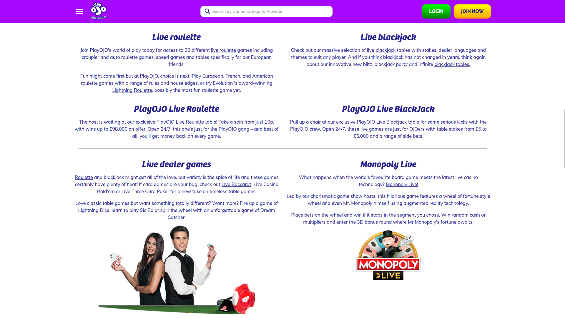 PlayOJO Casino Desktop Live-Dealer