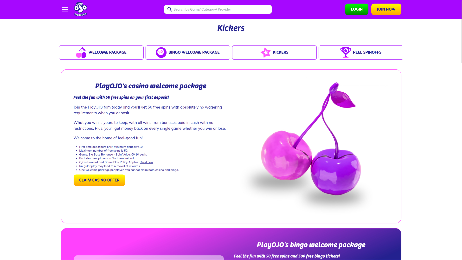 PlayOJO Casino Desktop-Aktionen