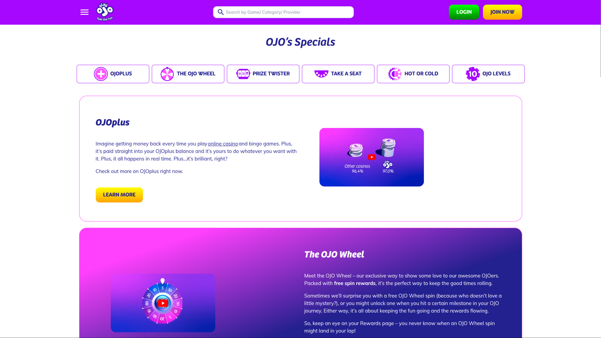 PlayOJO Casino Desktop-Angebote