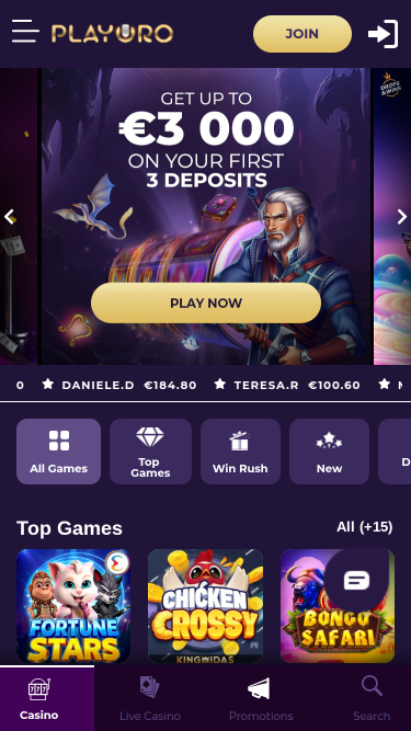 PlayOro Mobile Homepage