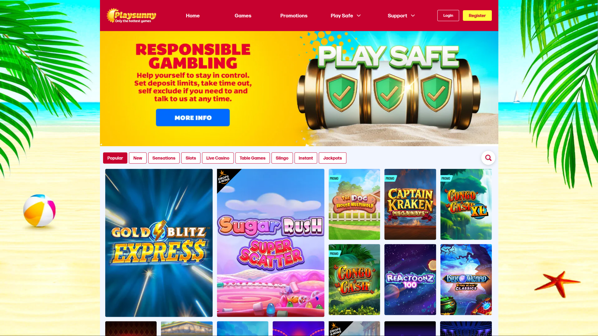 Página de inicio de PlaySunny Casino para escritorio