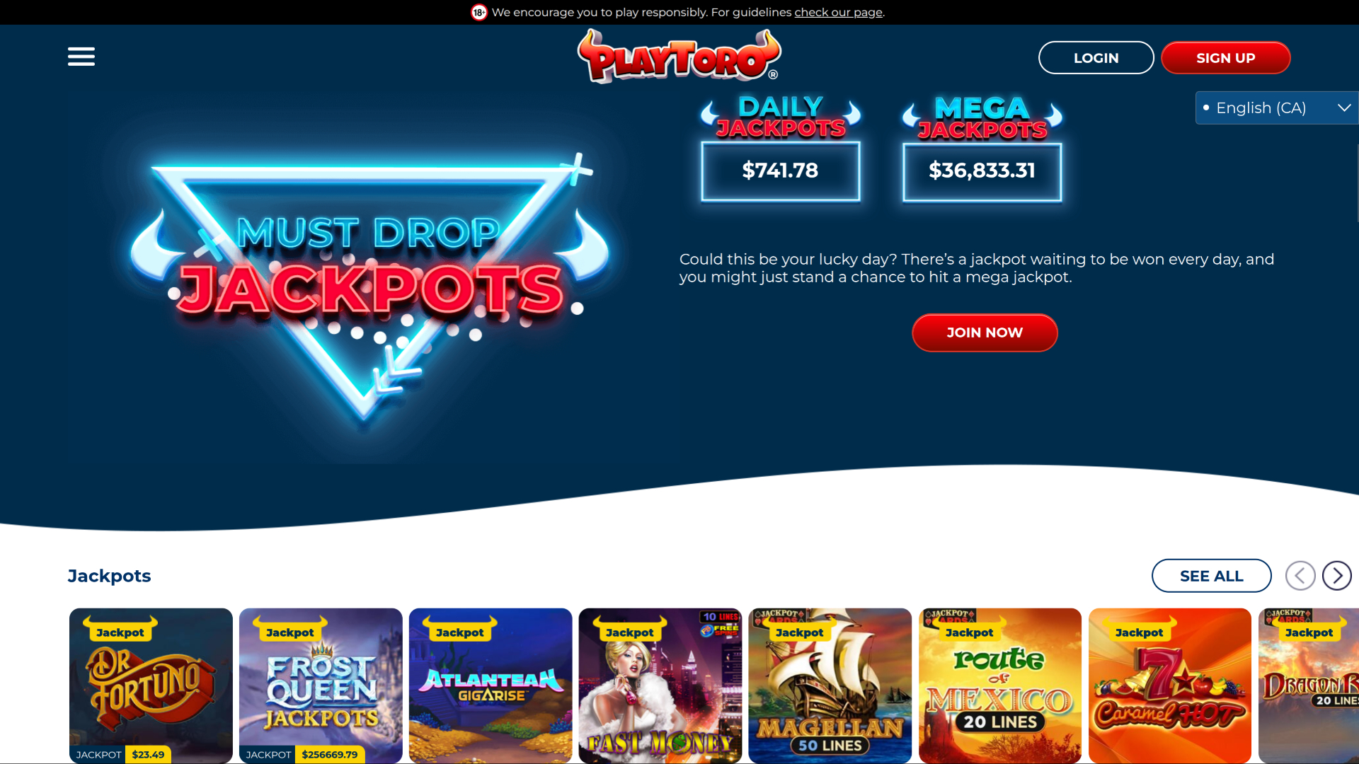 Jackpot de escritorio del casino PlayToro