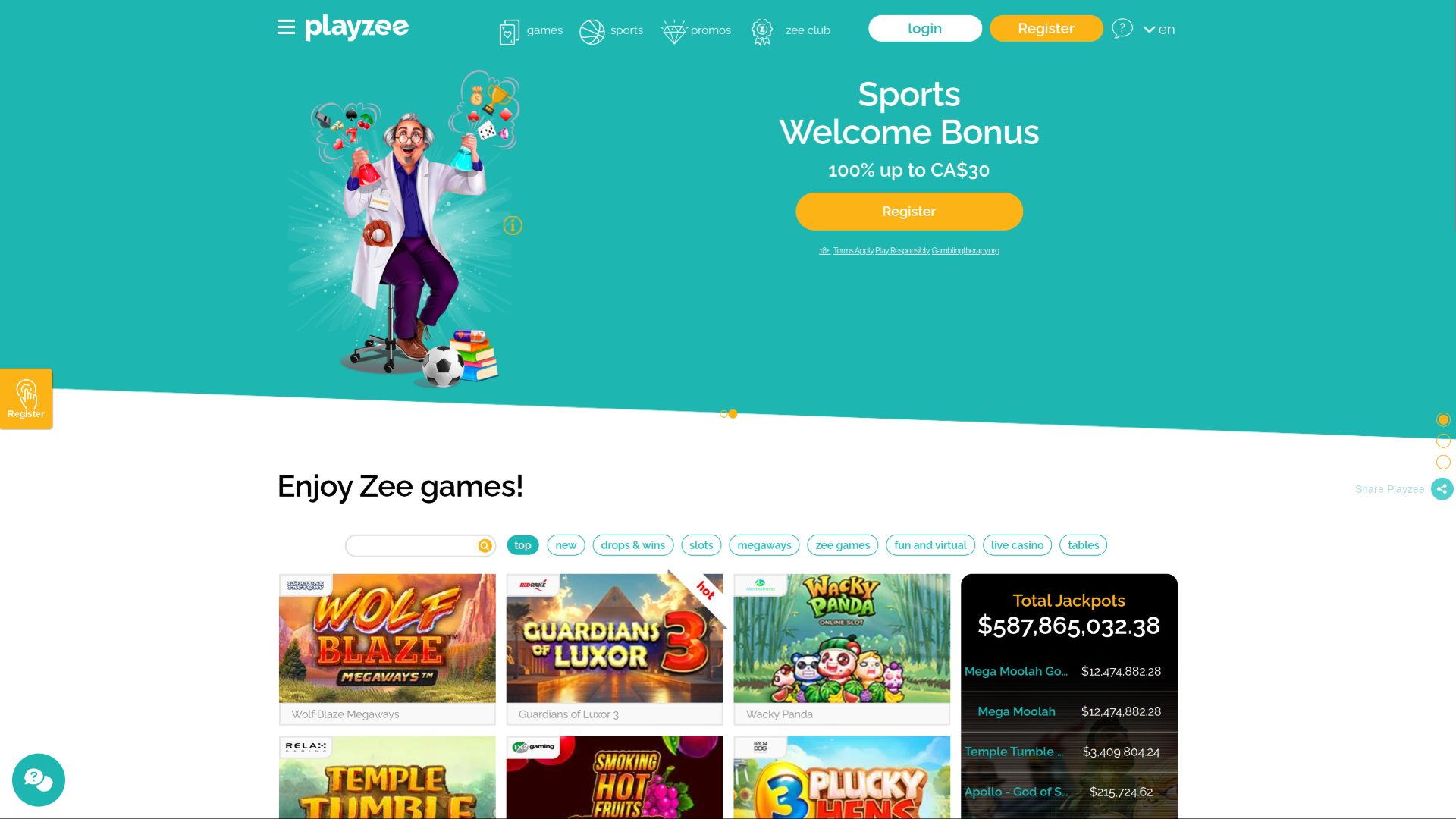 Page d'accueil de PlayZee Casino sur ordinateur