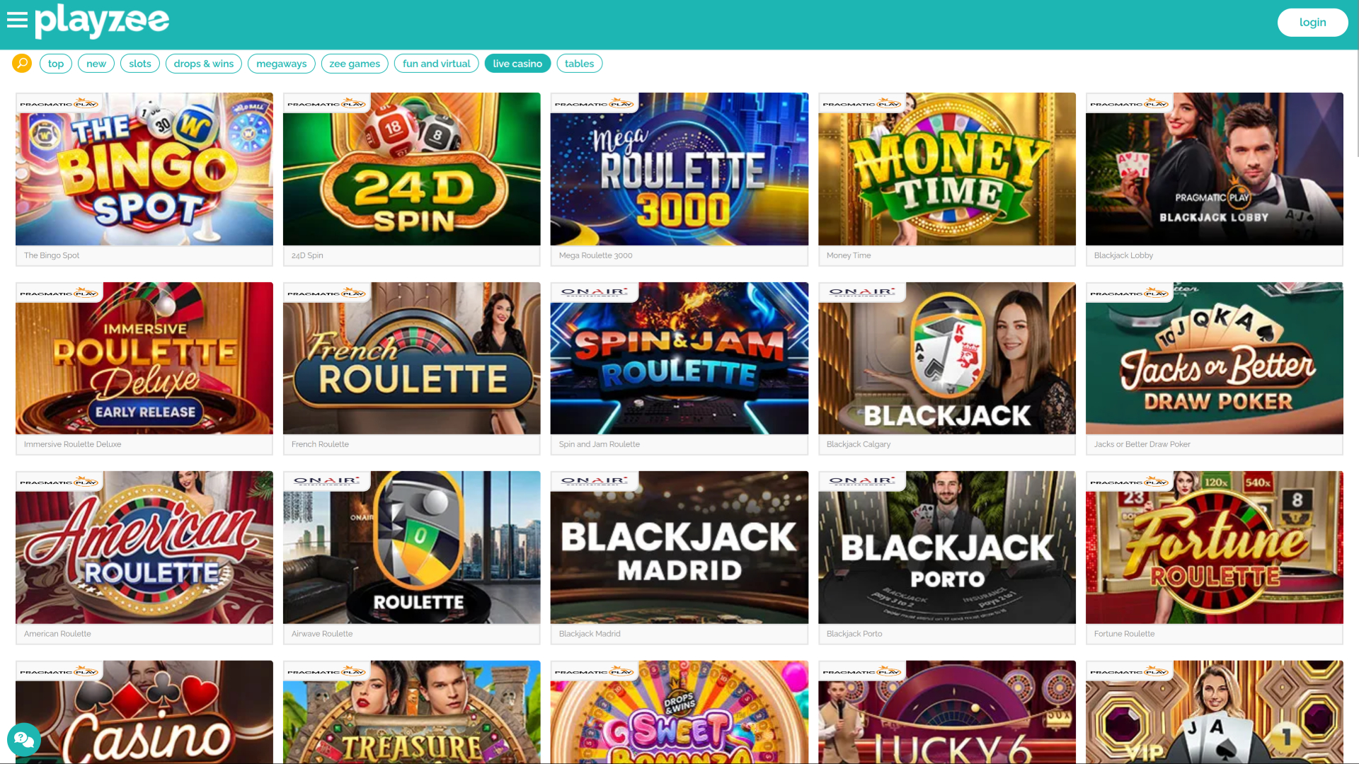 Casino PlayZee pour ordinateur avec croupier en direct