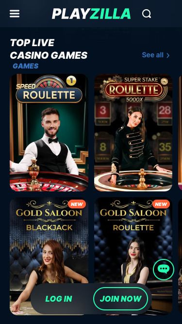 Casino mobile Playzilla avec croupier en direct