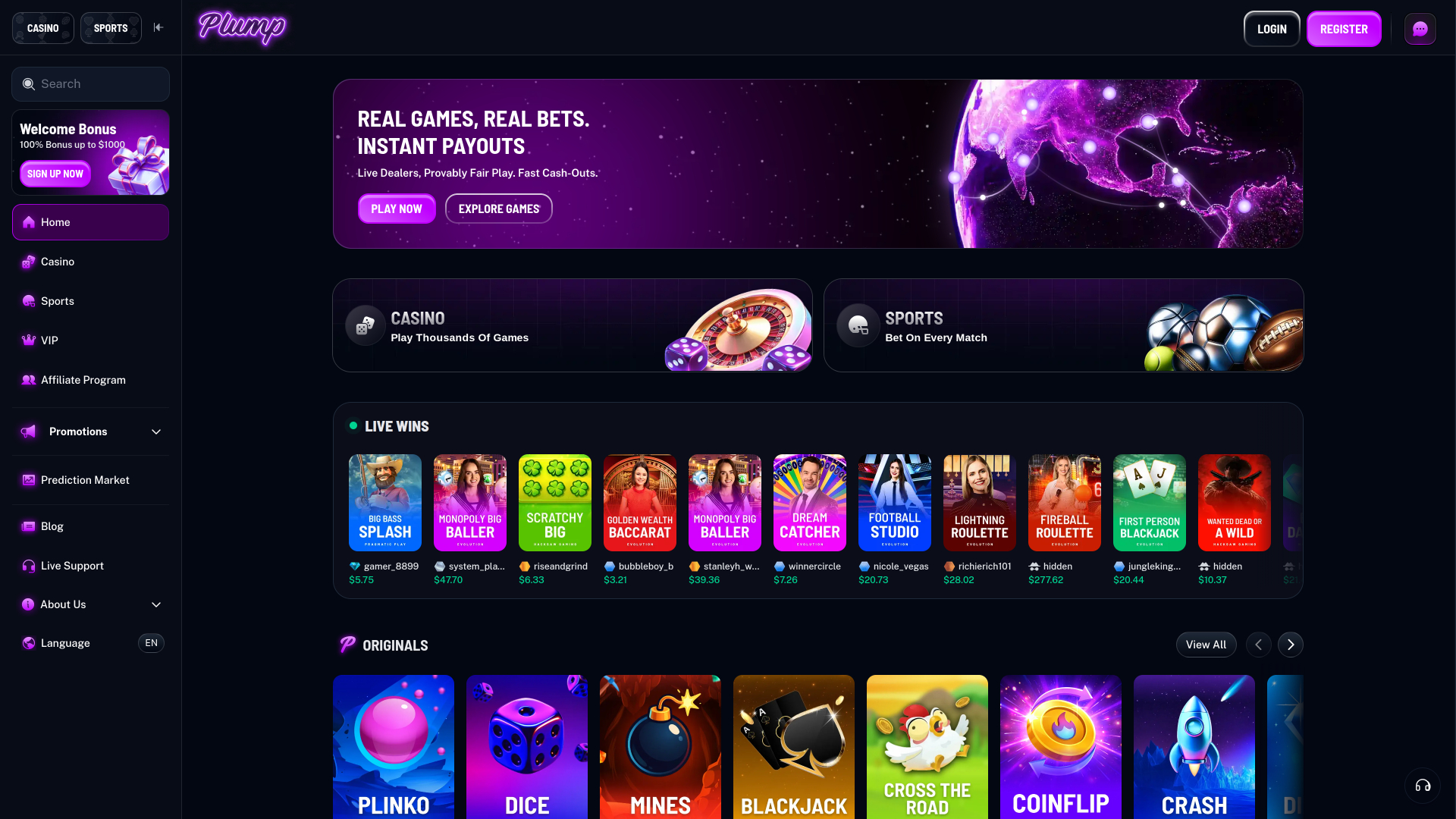 Page d'accueil du casino Plump
